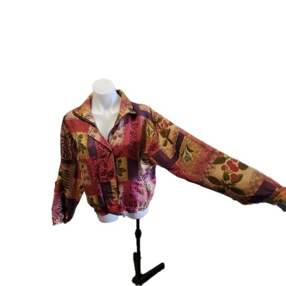 Vintage Stunt Sports 100% Silk Patchwork Jacket Small Boho 90 Bomber Flora Fruit - Picture 6 of 12
